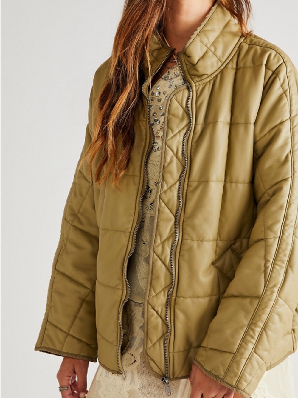 Free People Dolman Olive Vegan Leather Quilted Puffer Jacket